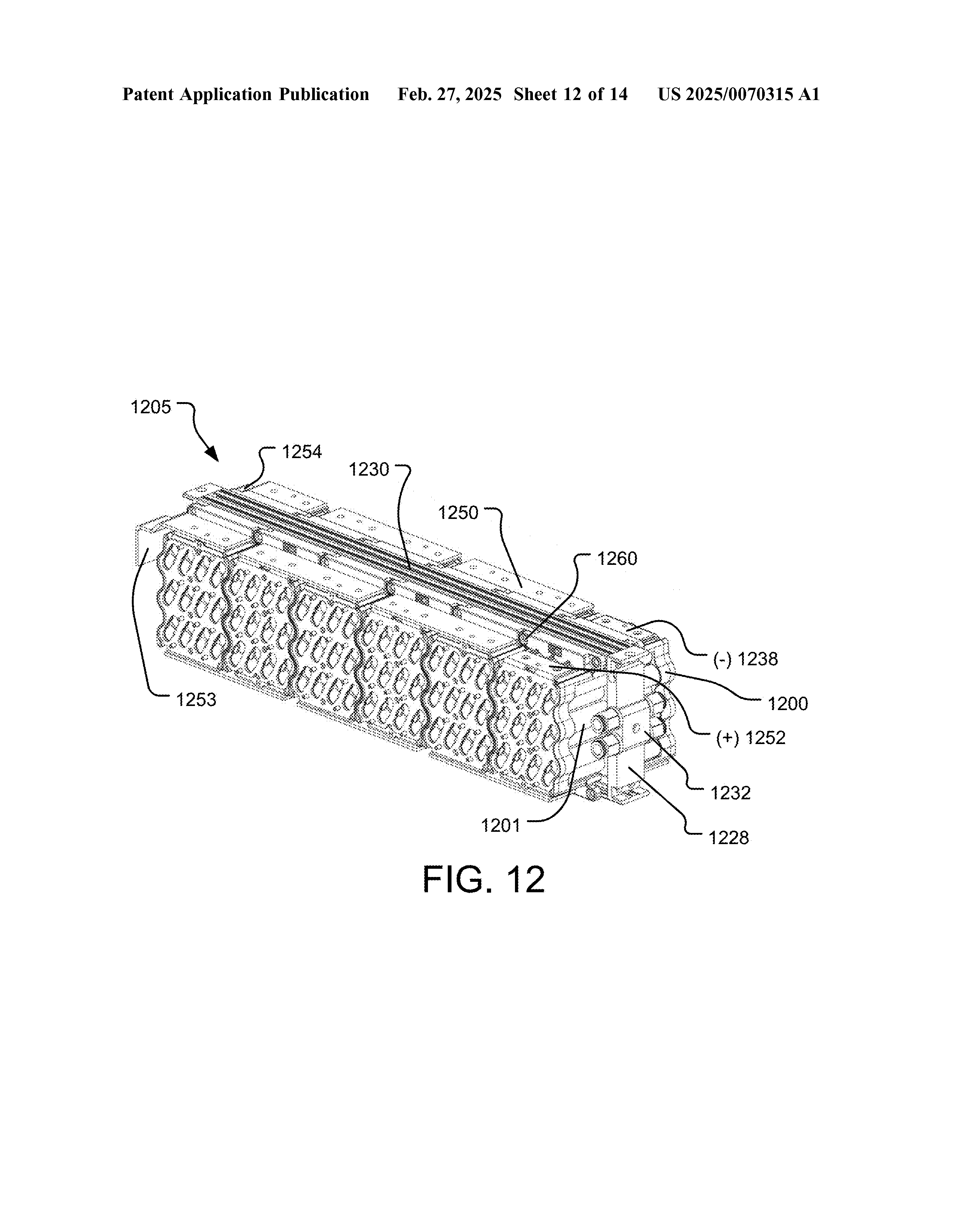 MonoLith battery sub-unit from EVolve Battery Systems patent application US 2025/0070315 A1, showing two rows of battery modules mounted back to back on opposing faces of a single thermal plate.