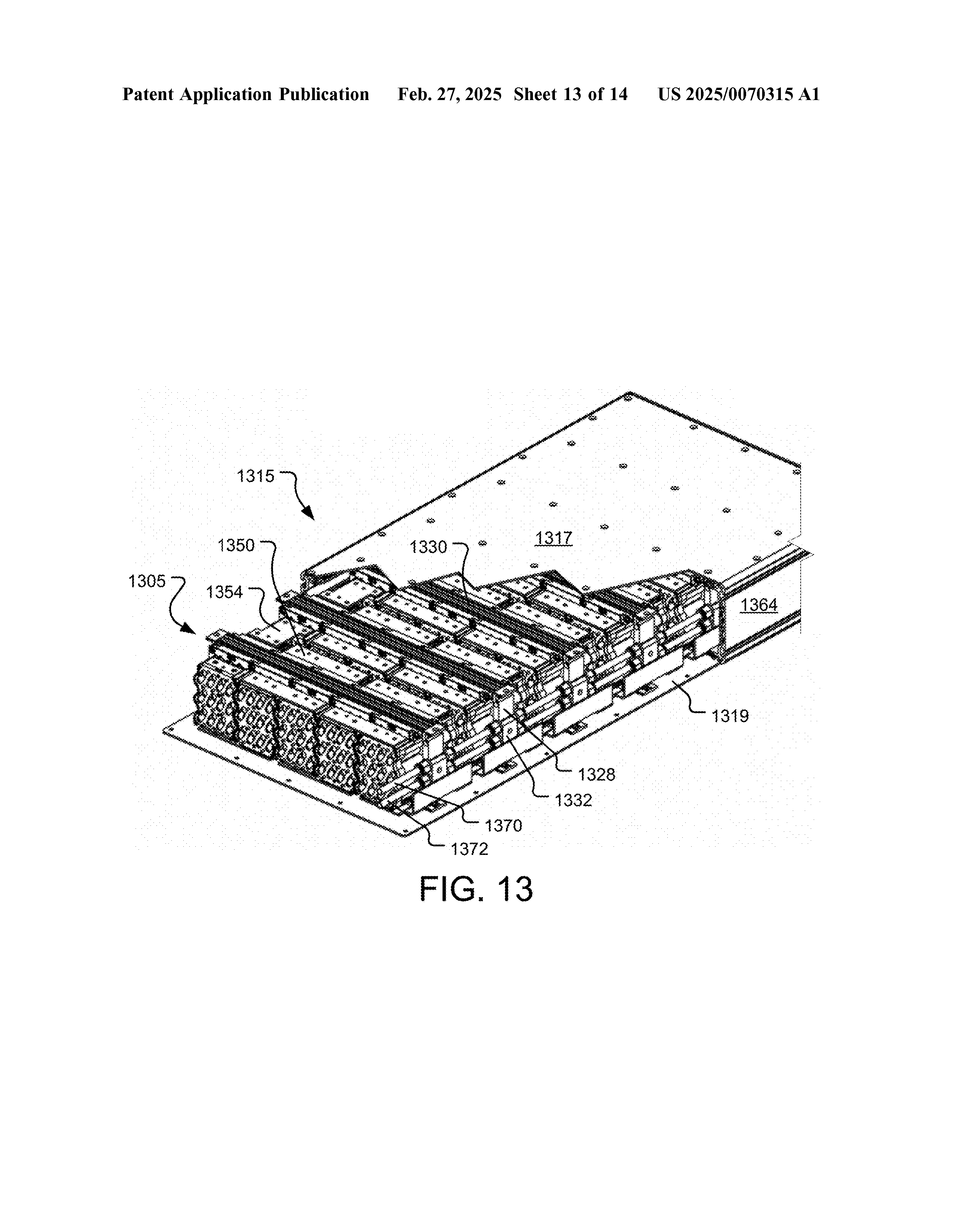 Interior view of the MonoLith modular battery pack from EVolve Battery Systems patent application US 2025/0070315 A1