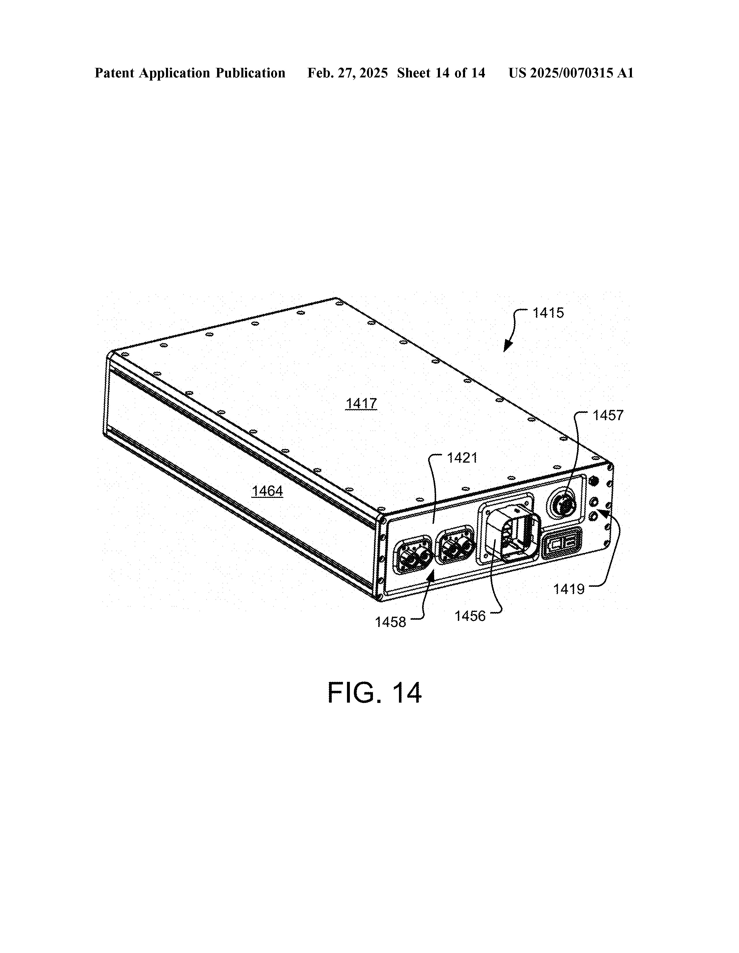 Exterior view of the assembled MonoLith modular battery pack from EVolve Battery Systems patent application US 2025/0070315 A1, showing structural panels, end caps, manual service disconnect, and coolant ports.