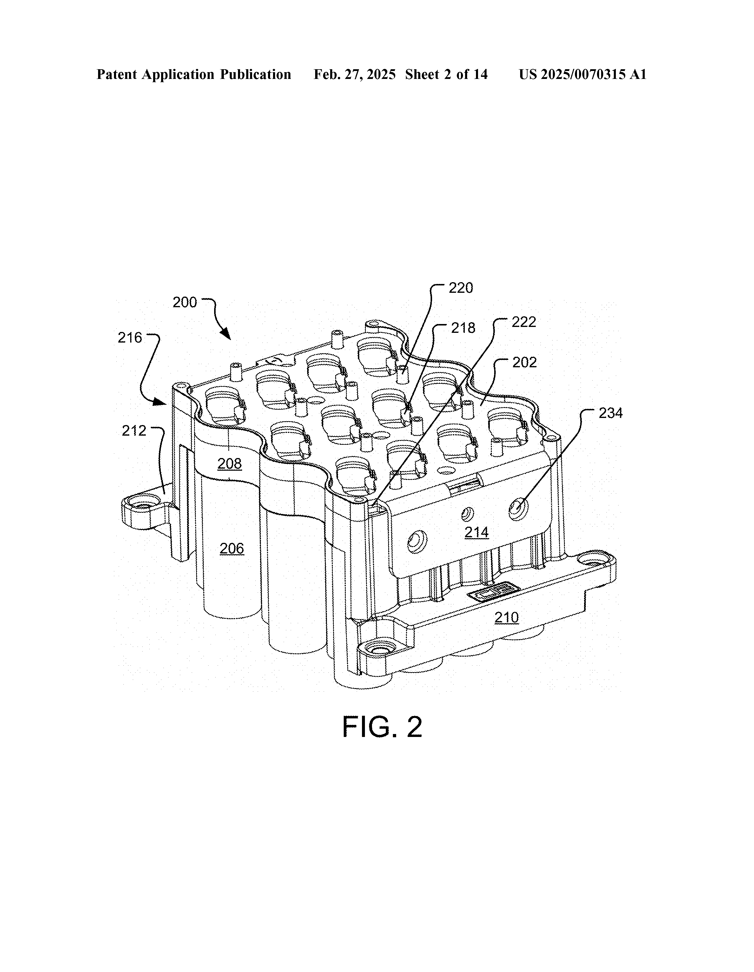 Perspective view of a MonoLith battery module from EVolve Battery Systems patent application US 2025/0070315 A1, showing collector plates overlying the cell terminals.