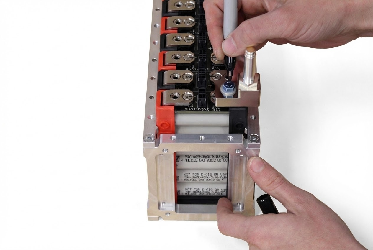Completed busbar installation with torque marks applied